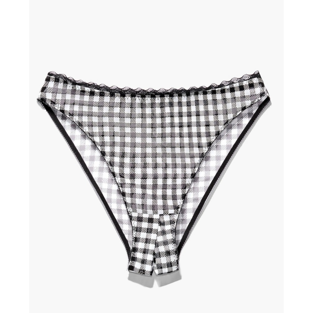 Black and White Gingham Plaid High Cut Bikini Panties with Lace Trim